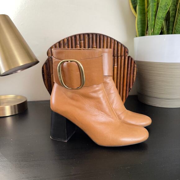 SEE BY CHLOE Hopper Leather Buckle Boots Block Heel Tan Brown Camel - Picture 3 of 9